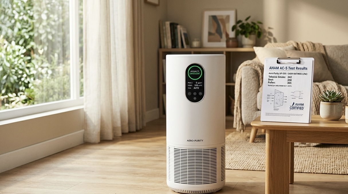 Air purifier with AHAM AC-5 test results in a modern living room